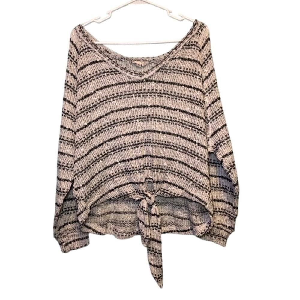 Altar'd State Striped V-Neck Tie Front Sweater Top Small Gray Blue White Knit